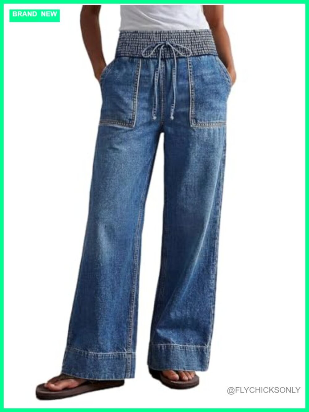 High Rise Straight Leg Drawstring Shirred Waist Loose Fit Jeans